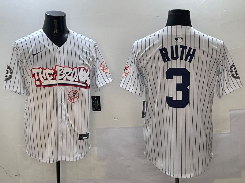 Men New York Yankees 3 Ruth White Stripe four generations Joint Name 2025 Nike MLB Jersey style 7